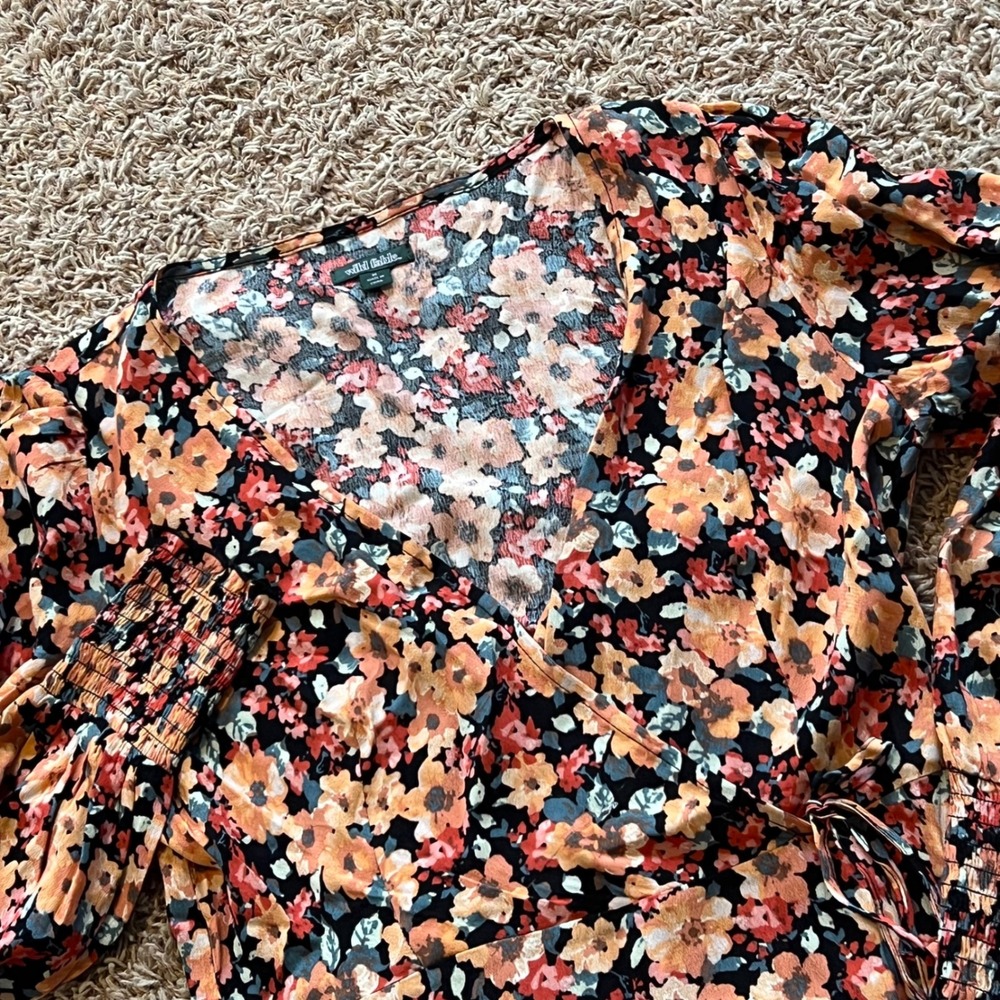 Wild Fable Womens Floral Long Sleeve Wrap Mini Dress Orange Pink Black Size M